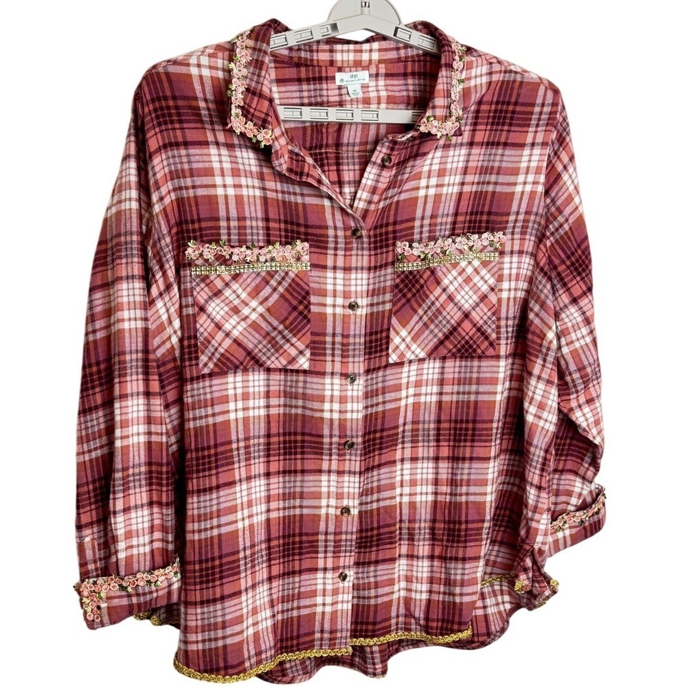 women's 100% Organic Cotton Plaid Shirt 3X Pink Floral Embroidery - Picture 2 of 9